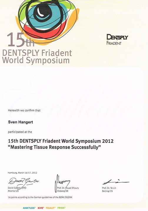 Teilnahmezertifikat 15th Dentsply Friadent World Symposium
