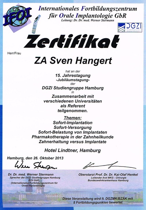 Zertifikat 15. Jahrestagung DGZI Studiengruppe Hamburg